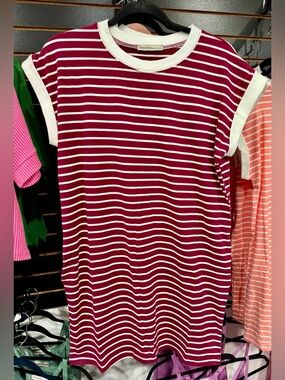 Zenana Outfitters Burgundy and White Striped Short Sleeve Tee Dress